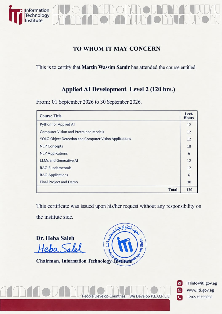 ITI Applied AI Development Level 2 (120 Hours)