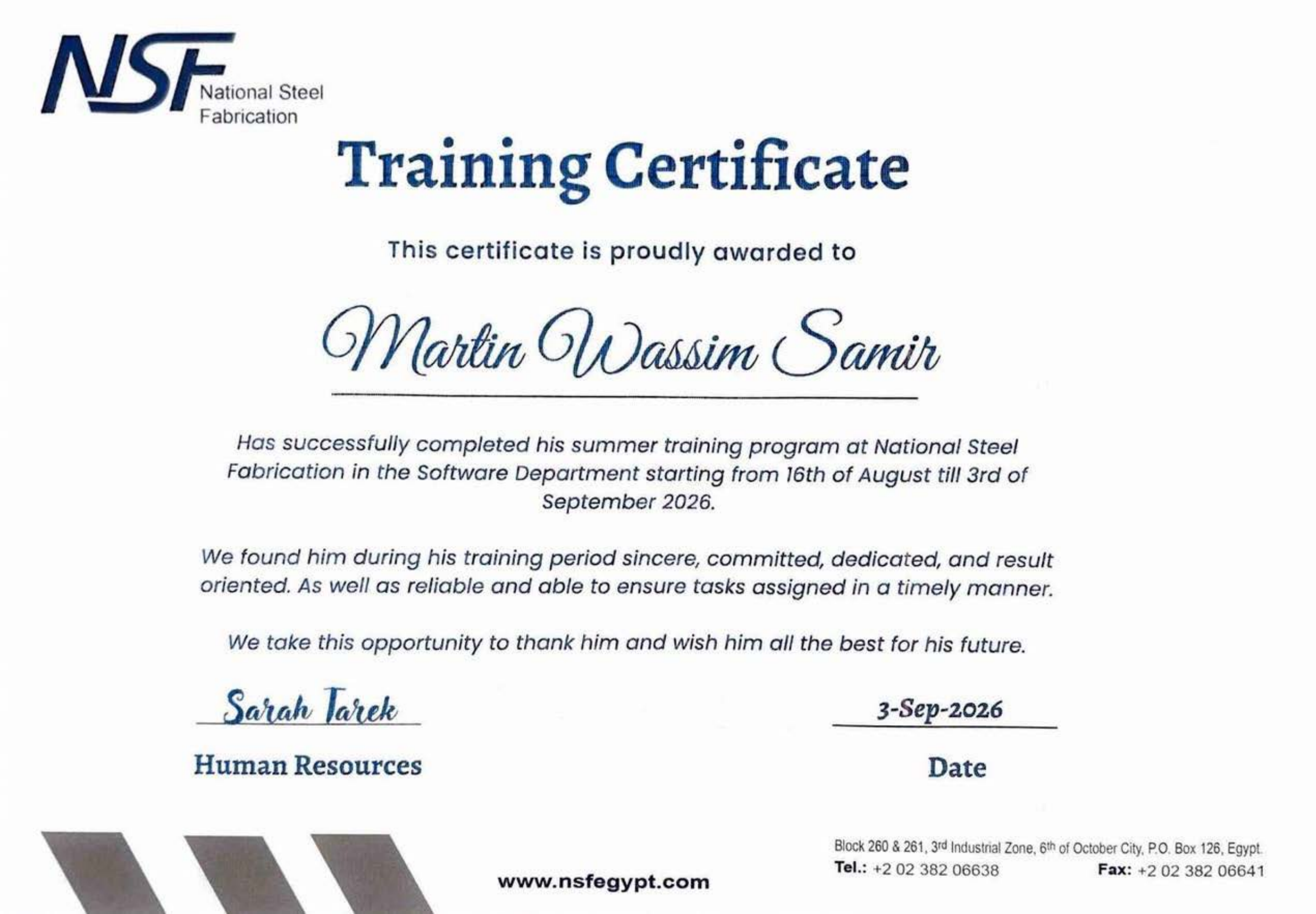 NSF Orascom Training Certificate