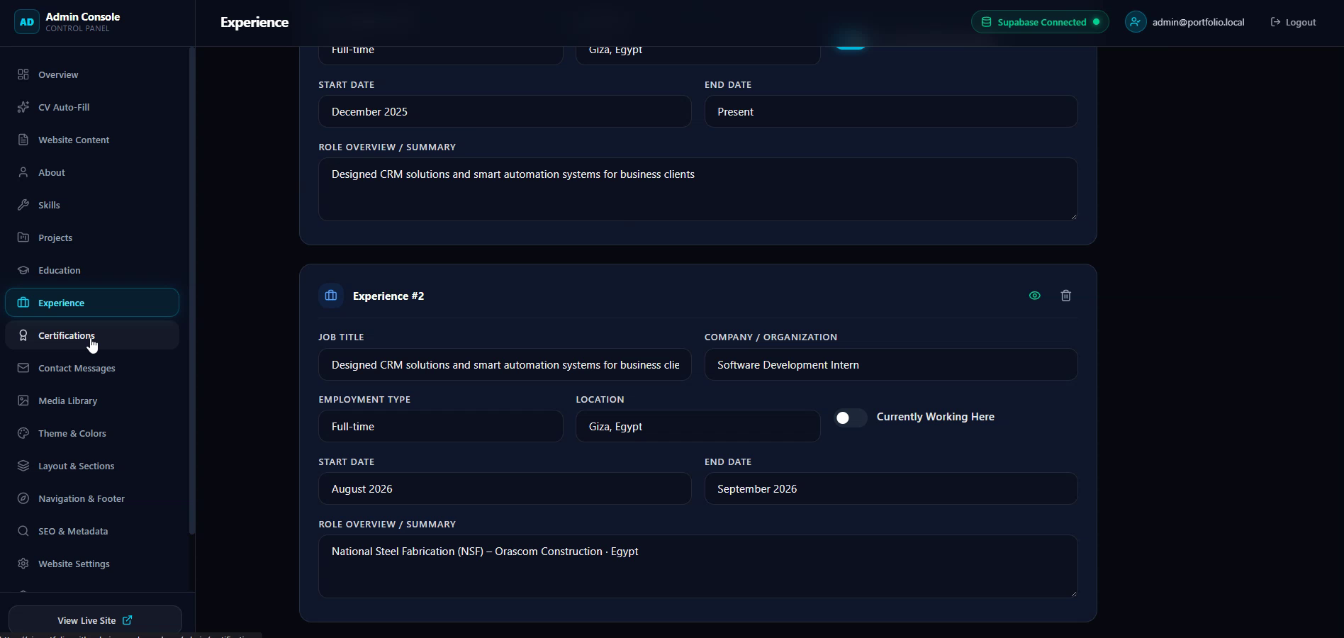 Experience Timeline Editor